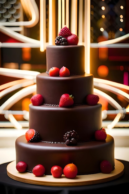 Una torta nuziale al cioccolato con fragole e glassa al cioccolato.