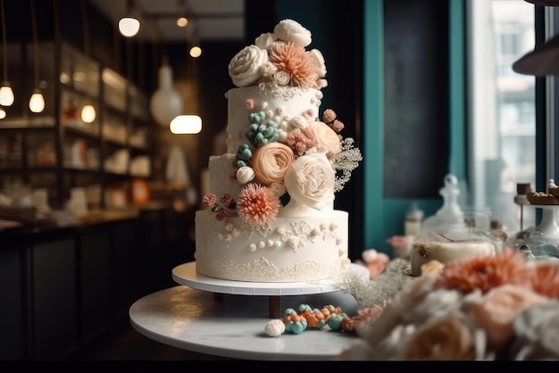 Una torta nuziale bianca con sopra dei fiori