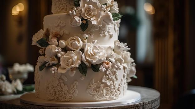 Una torta nuziale con dei fiori bianchi sopra