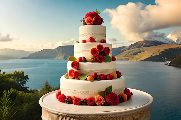Una torta nuziale con rose rosse e una montagna sullo sfondo.