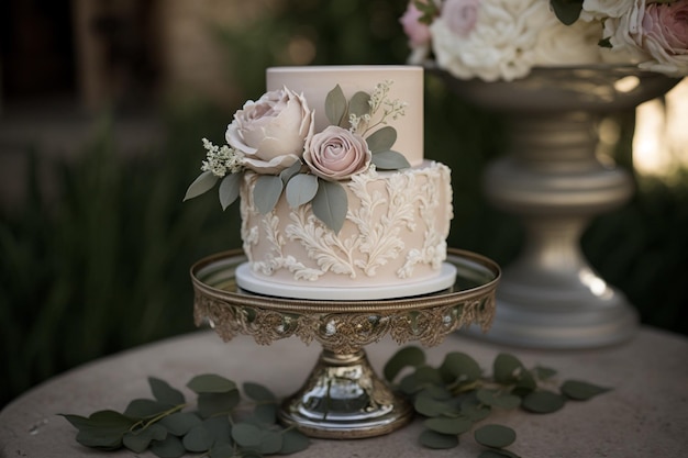 Una torta nuziale con sopra delle rose