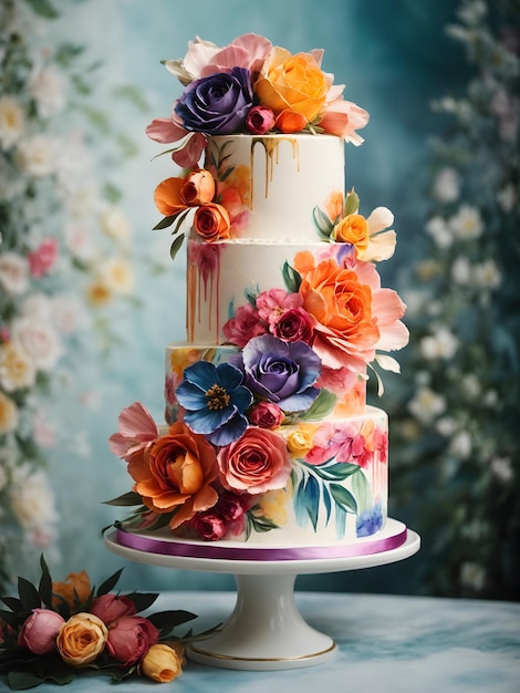 Una torta nuziale stravagante con una cascata di fiori ad acquerello dipinti a mano