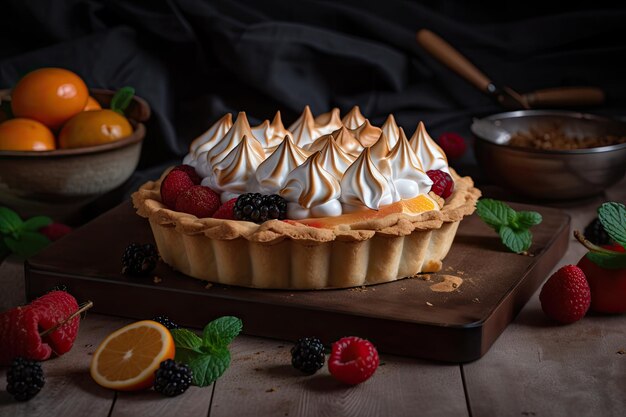Una torta o crostata con una copertura di meringa e un ripieno di frutta creato con l'IA generativa