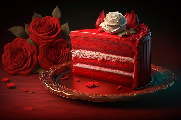 Una torta red velvet con sopra una rosa bianca.