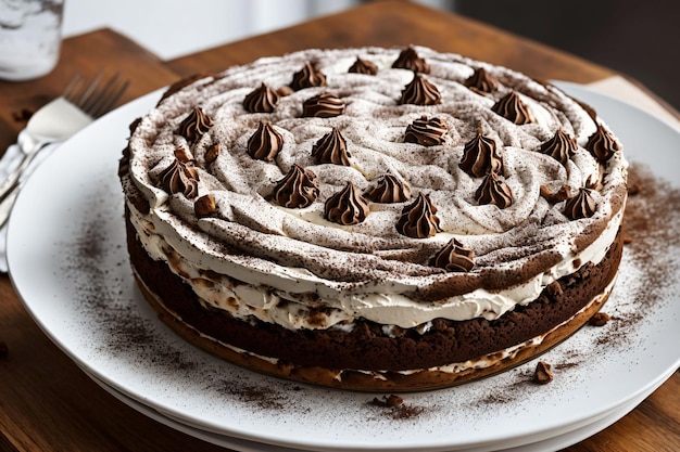 Una torta ricoperta di cioccolato e sopra una decorazione di cioccolato.