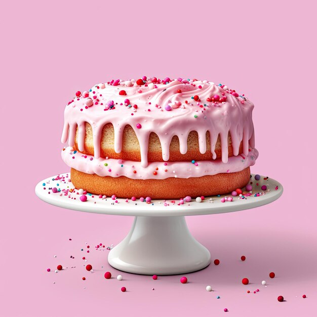 Una torta rosa con codette rosa sopra