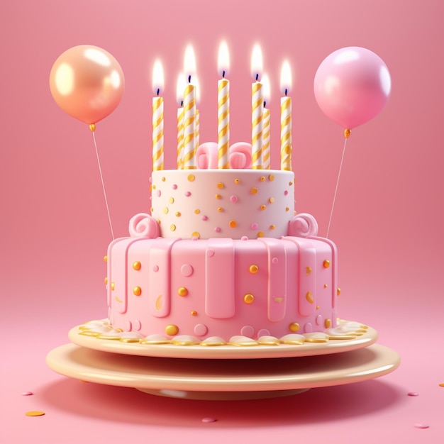 Una torta rosa con sopra delle candeline e uno sfondo rosa con coriandoli dorati.
