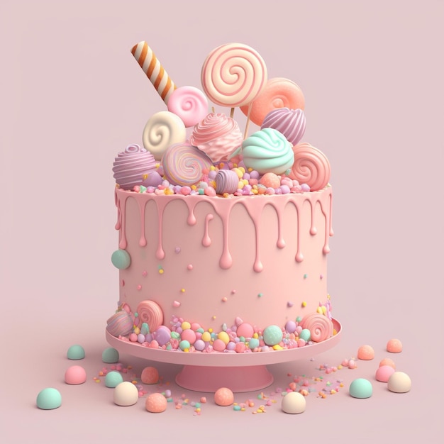 Una torta rosa con sopra delle caramelle colorate