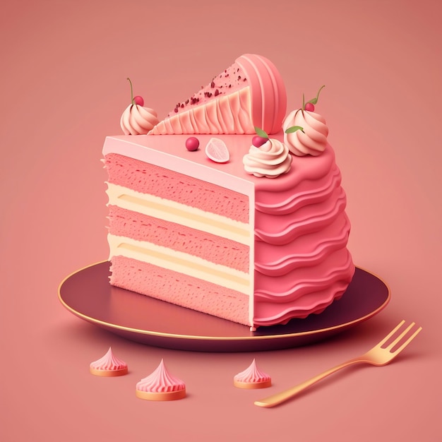 Una torta rosa con sopra una torta rosa e una forchetta sul lato.