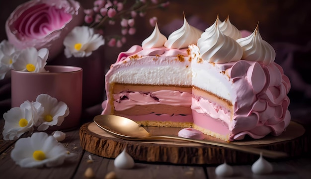 Una torta rosa con sopra una torta rosa e una tazza di caffè a lato.