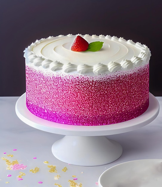 Una torta rosa e bianca con sopra una fragola