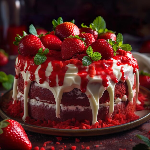 Una torta rossa con glassa bianca e fragole in cima