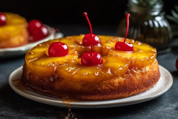 Una torta rovesciata all'ananas con sopra delle ciliegie