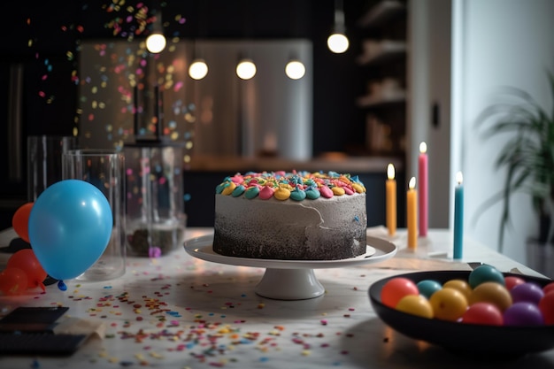 Una torta su un tavolo con coriandoli e una torta con sopra il numero 4