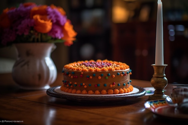 Una torta su un tavolo con sopra una barretta di cioccolato