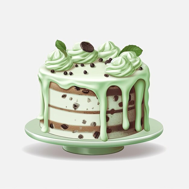 Una torta verde con glassa verde e sopra un biscotto con gocce di cioccolato.