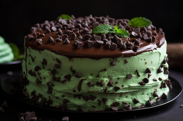 Una torta verde con gocce di cioccolato in cima