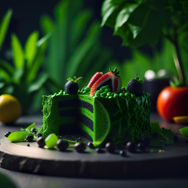 Una torta verde con sopra una fetta di fragola