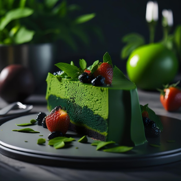 Una torta verde con sopra una fetta di torta