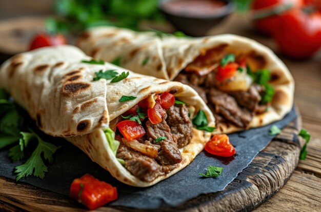 Una tortilla avvolta con carne e verdure