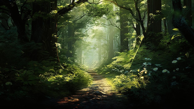 Una tortuosa strada sterrata conduce in una foresta verdeggiante dove la luce del sole danza attraverso un baldacchino di alberi altissimi