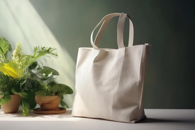 Una tote bag bianca con un manico bianco si trova su un tavolo accanto a una pianta.