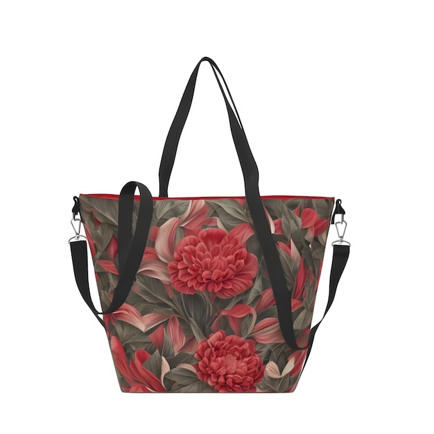 Una tote bag floreale con cinturino nero e stampa floreale rossa.