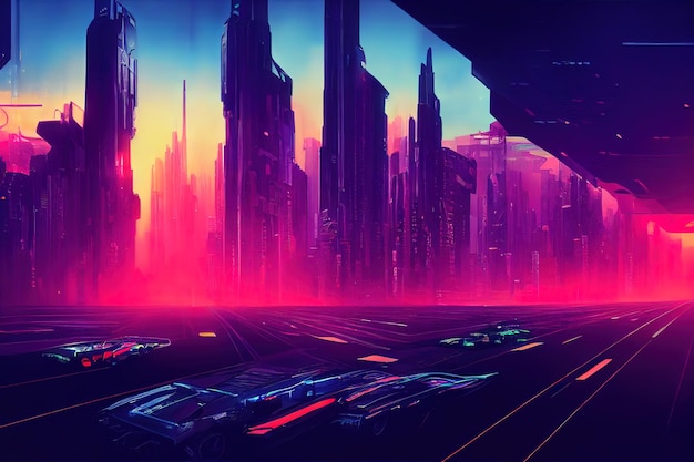 Una traccia in un'illustrazione pittorica della città futuristica cyberpunk