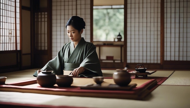 Una tradizionale cerimonia giapponese del tè con tappetini tatami, un maestro del tè e un ambiente sereno