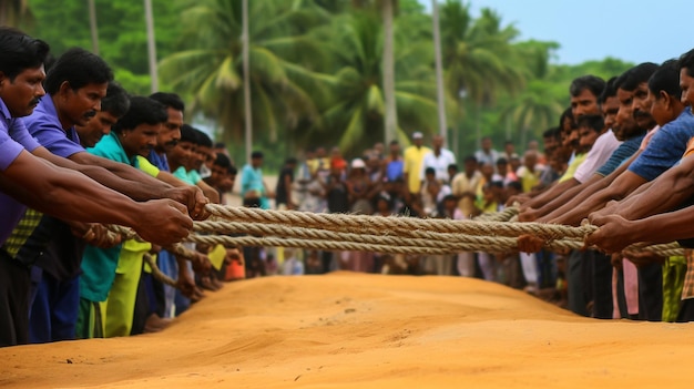 Una tradizionale competizione di tiro alla fune Onakalikal tra due squadre entusiaste che mettono in mostra i loro s
