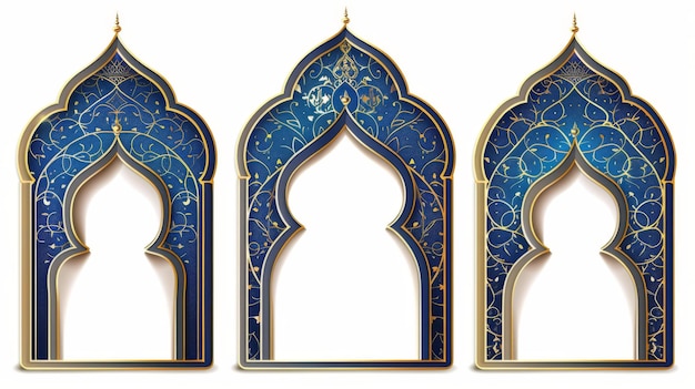 Una tradizionale cornice araba per l'intestazione o il testo di congratulazioni contenente un bordo ad arco blu con decorazione dorata Un semplice modello di casella di testo e banner