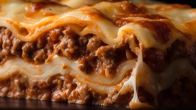 una tradizionale lasagna italiana che presenta strati di pasta ricca di salsa alla bolognese e formaggio fuso