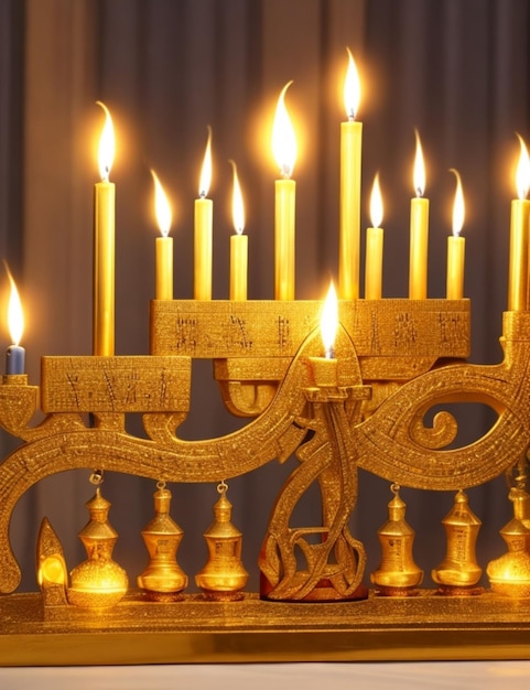 Una tradizionale menorah di Hanukkah con candele tremolanti e una calda luce che si irradia dal suo colore dorato