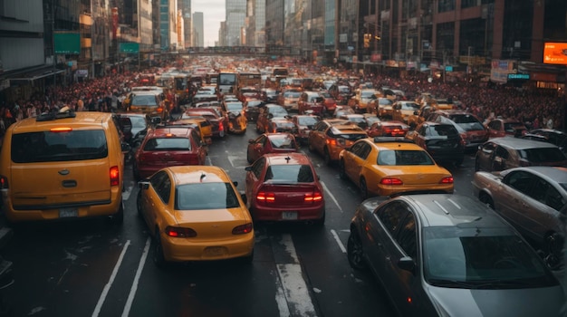 una trafficata strada cittadina piena di traffico e molta gente