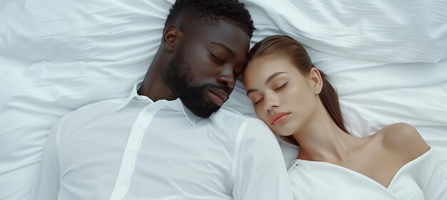 Una tranquilla coppia multirazziale in abiti bianchi che dorme su un letto con spazio per le copie