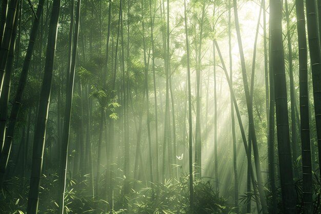 Una tranquilla foresta di bambù con il filtro della luce solare
