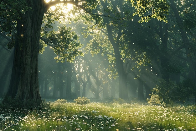 Una tranquilla foresta illuminata dalla luce del sole