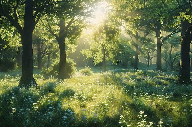 Una tranquilla foresta illuminata dalla luce del sole