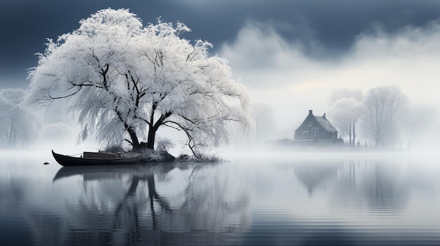 una tranquilla mattina d'inverno in cui la bellezza della natura è velata in una morbida nebbia eterea e nebbia Il delicato abbraccio della nebbia aggiunge un'incantevole e serena qualità al paesaggio