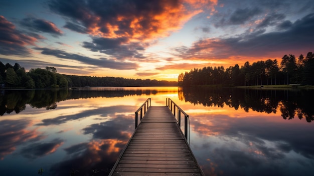 Una tranquilla mattinata Un molo che si estende nelle acque serene