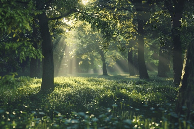 Una tranquilla pianura forestale con la luce del sole macchiata o