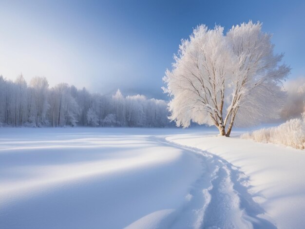 Una tranquilla scena invernale con un albero bianco solitario coperto di neve