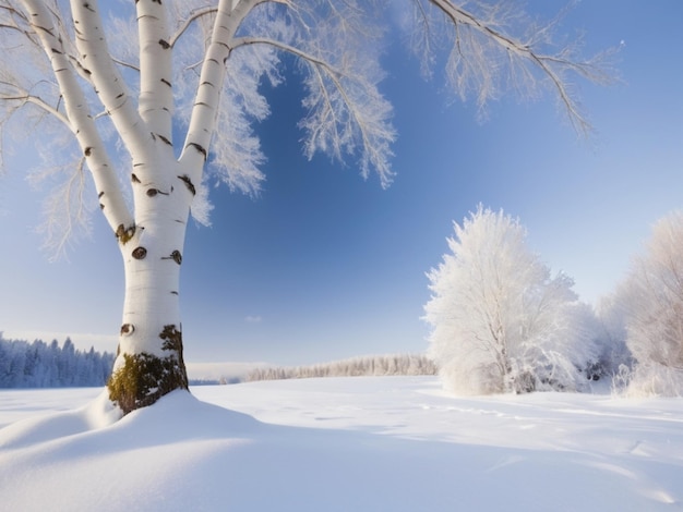 Una tranquilla scena invernale con un albero bianco solitario coperto di neve