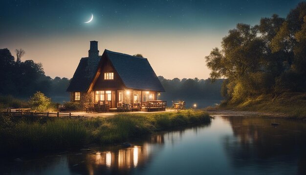 Una tranquilla scena naturale sul lago in campagna con un cielo notturno stellato e un fiume sinuoso