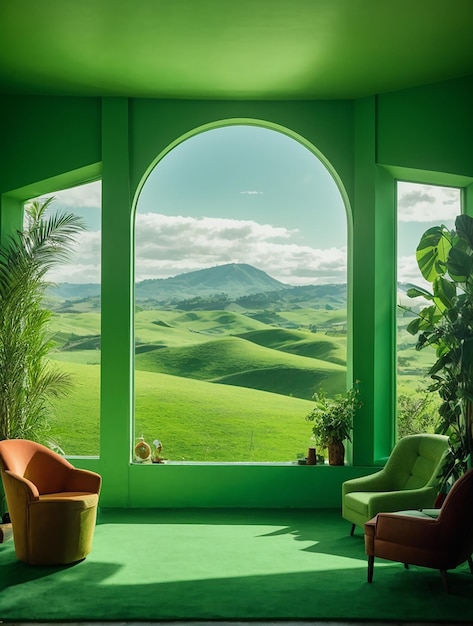 Una tranquilla stanza verde con vista sulle dolci colline e una leggera brezza