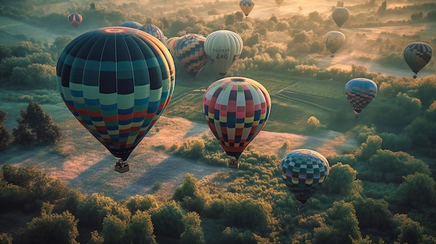 Una tranquilla vista mattutina di mongolfiere colorate che galleggiano sopra un prato verde