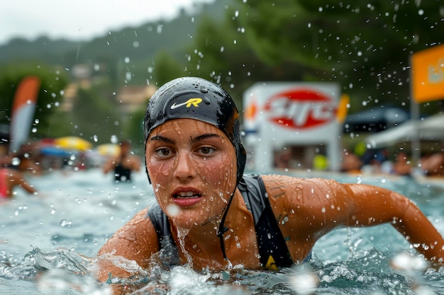 Una triatleta determinata che nuota sotto la pioggia