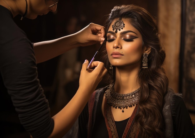 Una truccatrice di Bollywood che crea un look per un'attrice
