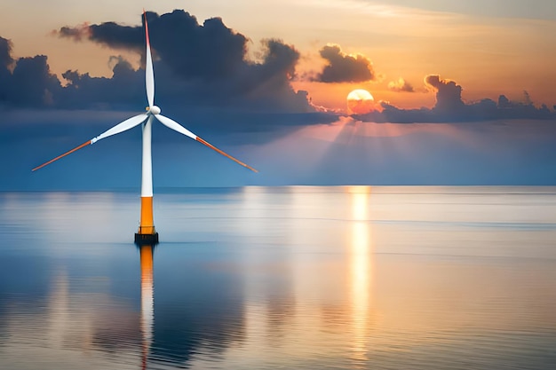 Una turbina eolica in acqua con il sole che tramonta dietro di essa