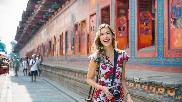 Una turista felice accanto al muro